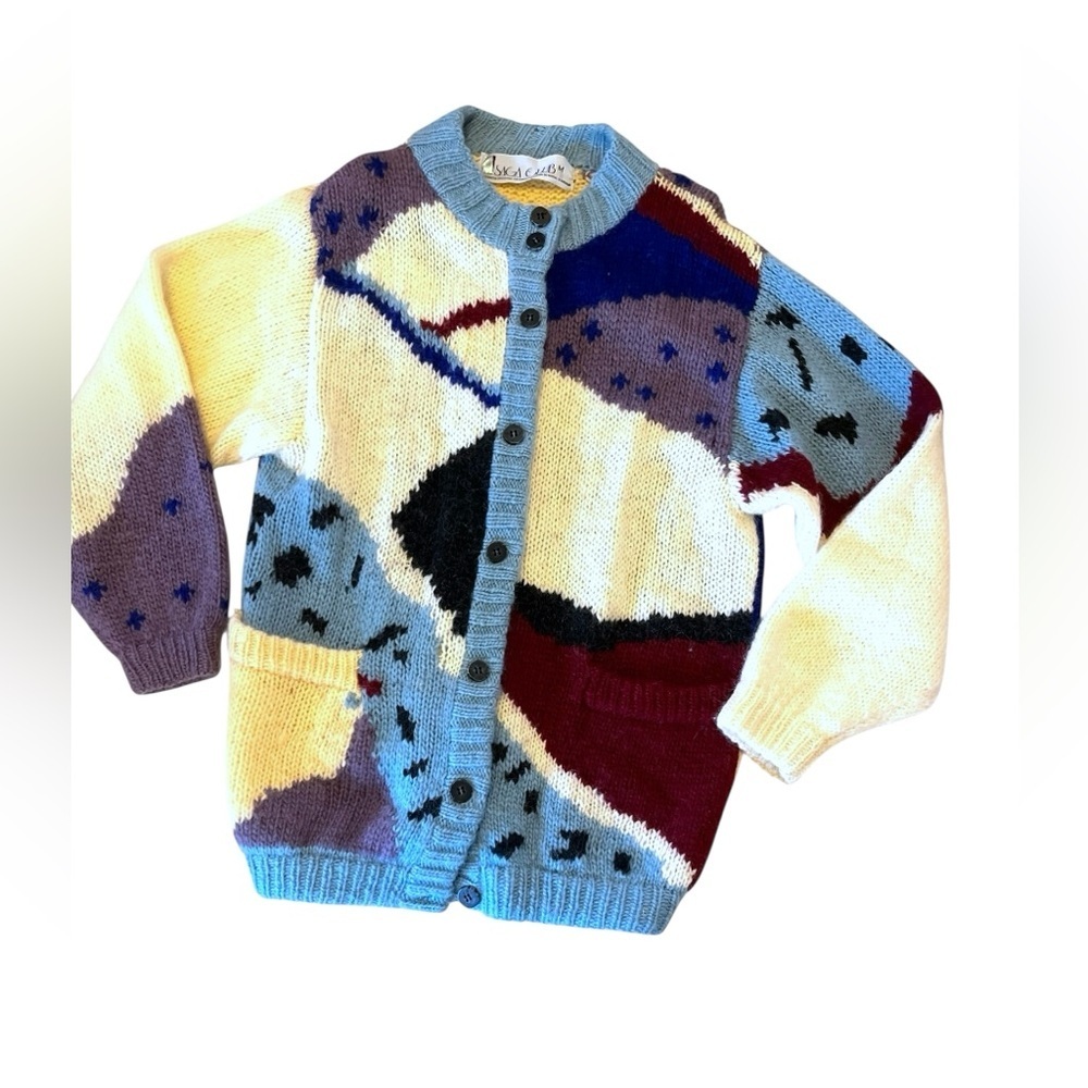 Vtg Saga Club Exclusively for Alafoss of Iceland Patchwork Cardigan Wool/Mohair
